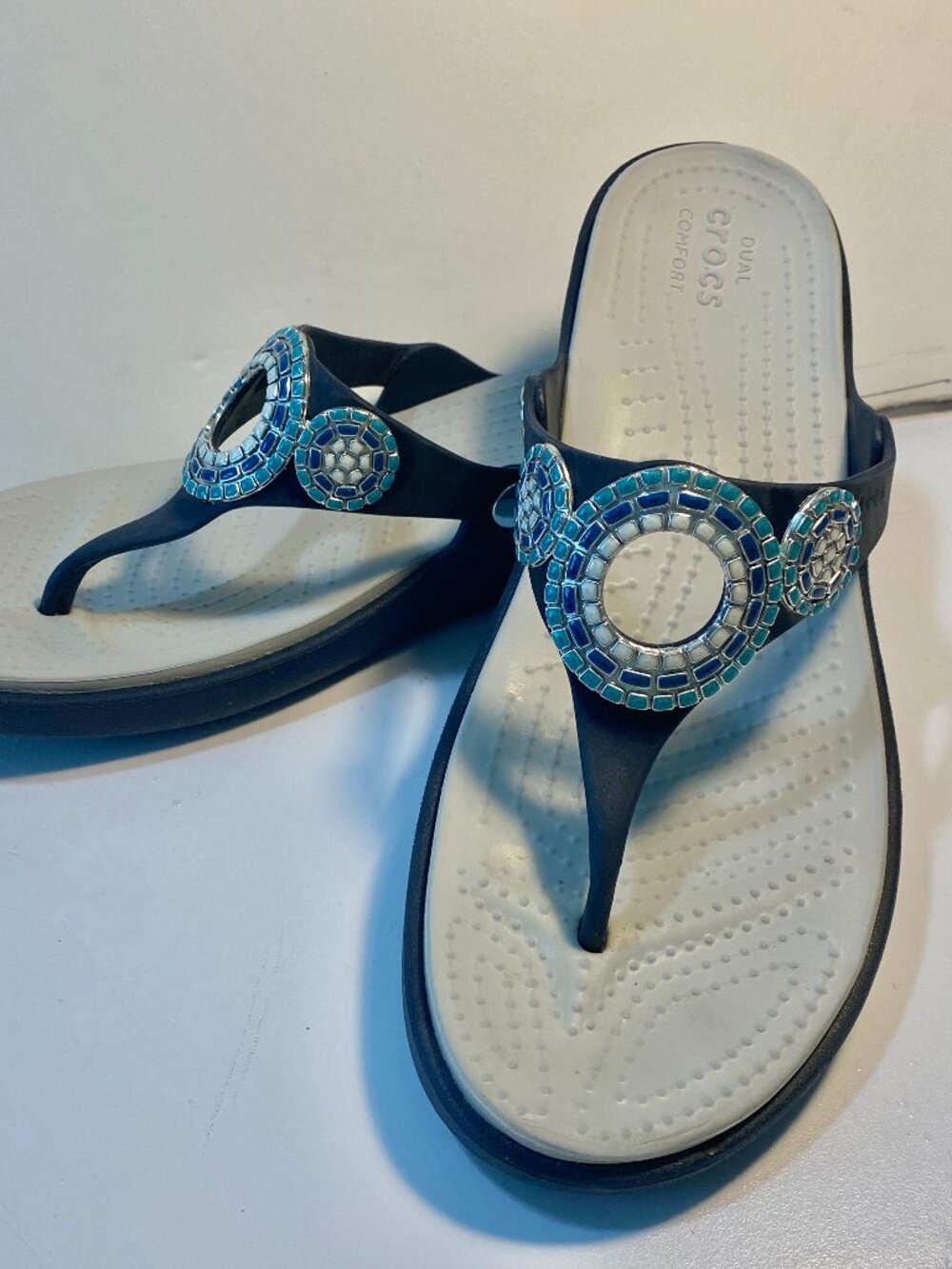 Crocks Navy and Turquoise Wedge Flip Flops